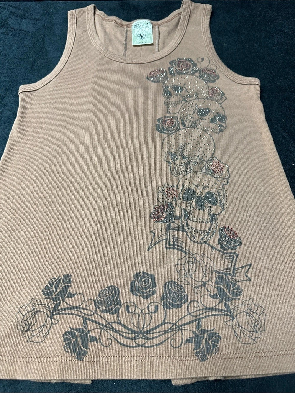 Vocal Skull Rose Lace-Up Tank Top in Brown Size Medium